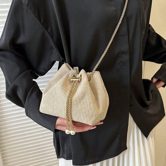 Khaki Fashionable Women's Chain & Faux Pearl Decor Bucket Bag Polyester - Picture 2 of 6